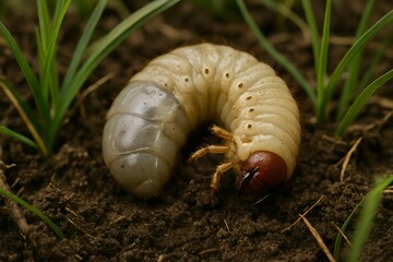 Curled grub worm displaying its shiny head sits amidst soil and tiny grass blades