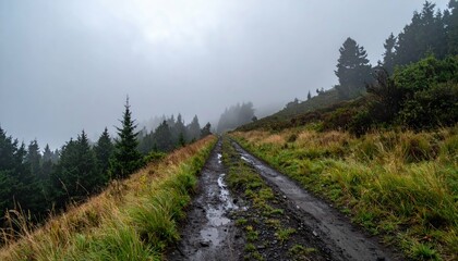 Serene Misty Forest Pathway Leading Through Lush Green Environment