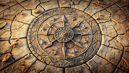 Obraz premium Ancient stone compass embedded in cracked earth representing guidance direction and travel