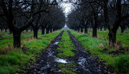 Obraz premium Muddy Path Through a Sparse Orchard Under Gray Cloudy Sky