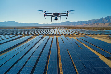 Drone flying over desert solar panels.