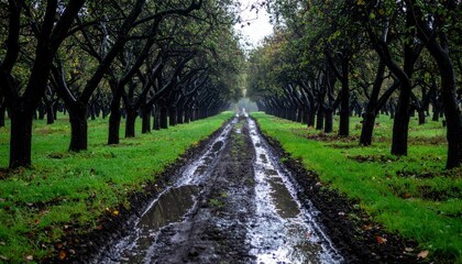 Serene Rural Path Through Lush Tree Orchard on a Rainy Day