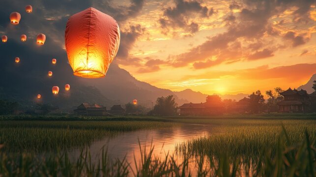 Beautiful sunset over mountain landscape with floating lanterns and tranquil water reflection in serene nature