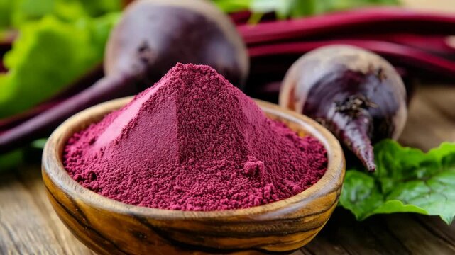 Fresh beetroots and beetroot powder inside wooden bowl on rustic wooden table