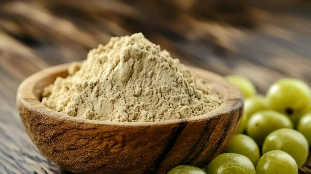 Amla powder in wooden bowl with fresh indian gooseberries on wooden table