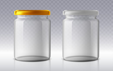 Realistic vector graphic of clear glass jars with golden and silver metal lids. Isolated packaging objects perfect for food, preserves, jam, honey, or mockup design projects. Transparent background.