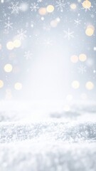 Fototapeta premium A serene winter landscape featuring a soft, white snow-covered ground, adorned with twinkling bokeh lights, creating a magical atmosphere with ample copy space.