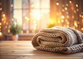 Cozy Taupe Wool Blanket, Soft Bokeh Background, 3D Rendered Illustration