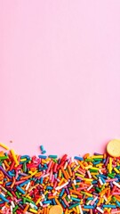 Fototapeta premium A vibrant assortment of speckled and colorful candies scattered across a soft pink background, creating a playful and inviting atmosphere.