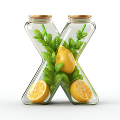 X" letter filled with lemons, green leaves, and glass jars