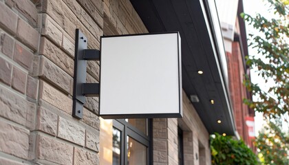 White Square Shop or Store Signage - Mockup for Logo - Template for Sign or Branding - Logo Design for Brand Store - Hanging Sign outside Store - Graphic Asset for Cafe, Restaurant, Boutique