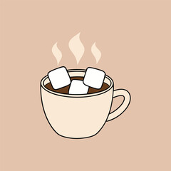 Steaming hot chocolate illustration with marshmallows on a soft brown background