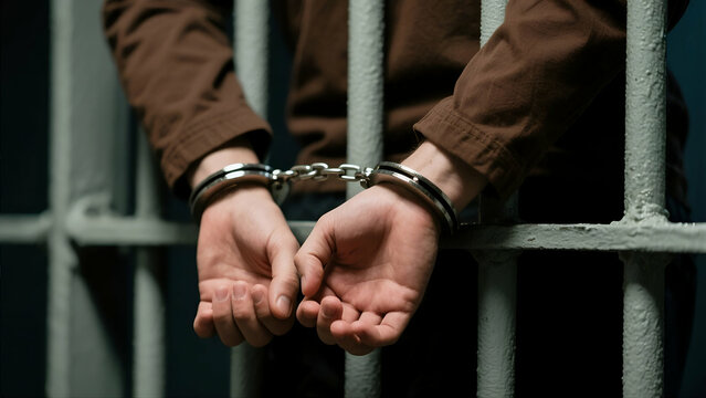 Arrested hands behind bars somber justice legal system
