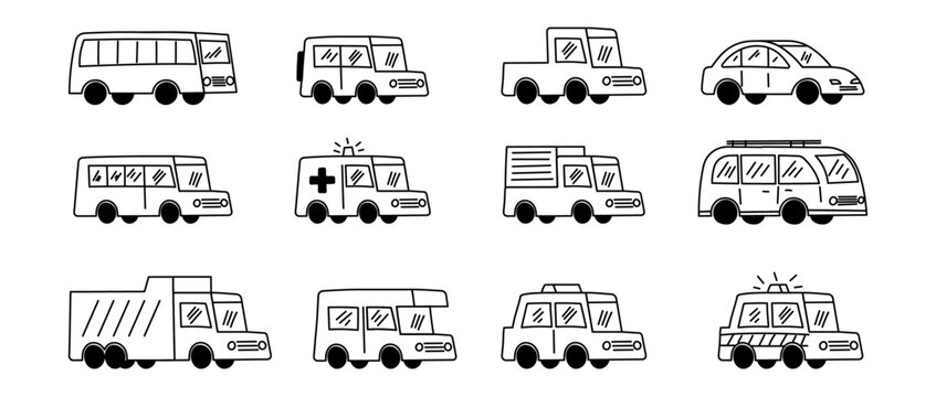 Cute 2d flat 3d cars doodle hand drawing cartoon