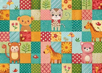 Cute Animal Patchwork Pattern, Low Light Photography, Line Textures, Soft Focus