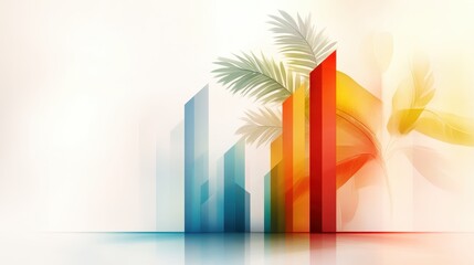 Fototapeta premium A vibrant abstract design featuring colorful vertical bars and tropical leaves, symbolizing growth and progress in a modern style.