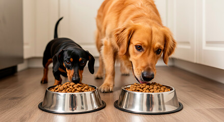 Two dogs, a Golden Retriever and a Dachshund, eat from bowls on the clean kitchen floor, demonstrating companionship and a healthy feeding schedule.