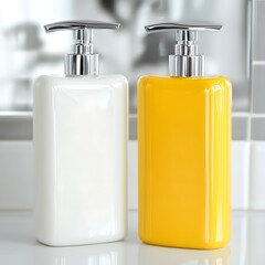 Obraz premium Modern Soap Dispensers: Stylish Bathroom Accessories in White and Sunshine Yellow