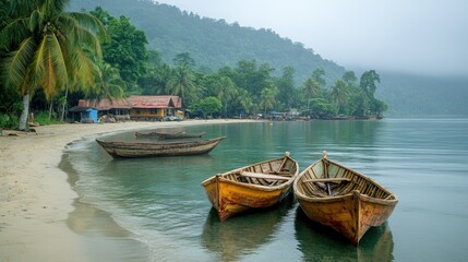 Tranquil coastal scene with wooden boats on a beach. Lush vegetation and misty mountains in the background