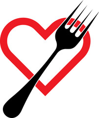 A heart symbol crafted from a fork and spoon with a knife suggests love for food and dining, representing a restaurant or kitchen utensil