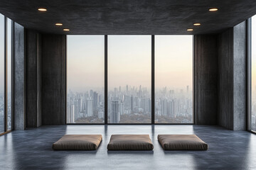 Serene city view meditation room minimalist zen space three cushions