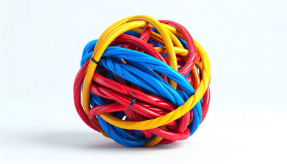 A vibrant, intertwined ball made of colorful plastic strands in red, blue, and yellow, resting against a light background