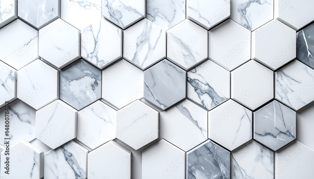 Poster a modern hexagonal tile pattern featuring a blend of white and gray marble, creating a stylish and e