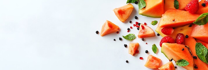 Juicy cantaloupe slices, raspberries & mint leaves scattered on a light background