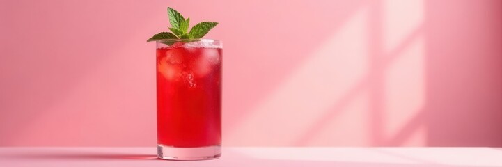 Tall glass, red cocktail, mint garnish, soft pink background, daylight shadows, mixed drink, daylight, bar