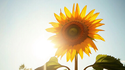 A bright sunflower in full bloom facing sunlight, photographed against a pale, out-of-focus blue sky, organic and uplifting,