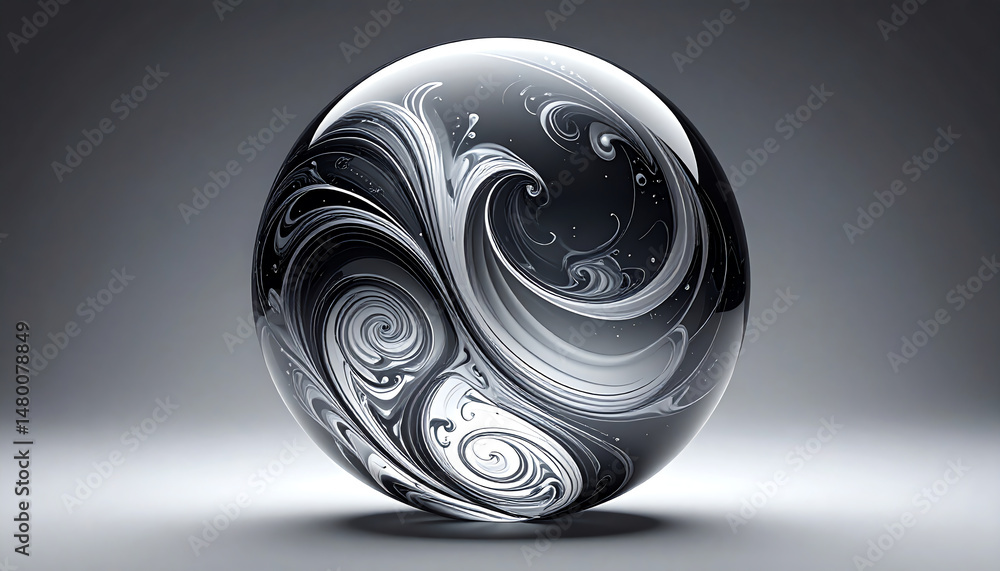 Poster a glossy orb features swirling black and white patterns, creating a mesmerizing visual effect agains