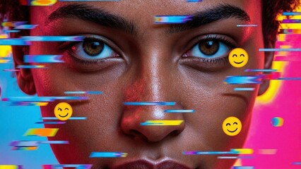 A woman's face is blurred and has a lot of smiley faces on it