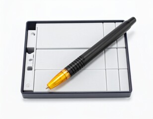 Black pen with orange tip atop a white segmented box, possibly a digital tablet, against a white background