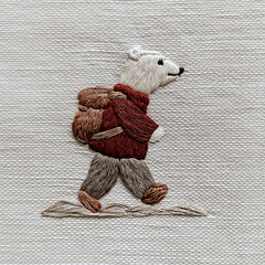 Charming embroidered design of walking bear wearing red sweater and carrying brown backpack, stitched on textured fabric background with detailed thread work