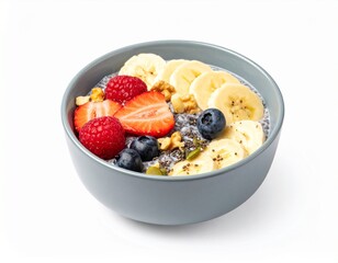 Delicious chia seed pudding with assorted fresh fruits and nuts served in a gray bowl