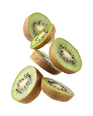 Falling kiwi fruit slices isolated on transparent background.