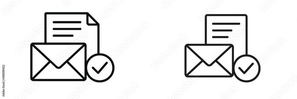 Poster icons representing document approval and messaging system in simple black and white design for digit