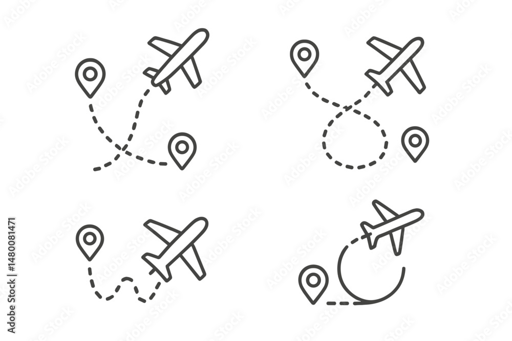 Poster flight path illustrations showing airplane navigation routes and waypoints in a simple graphic desig