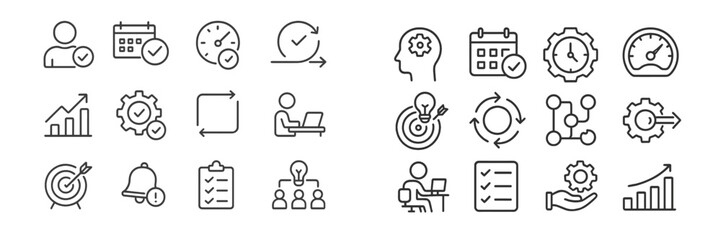 Collection of line icons depicting productivity and task management concepts for business settings