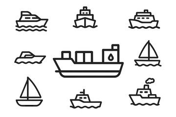 Various types of boats and ships illustrated in a simple, minimalist style on a flat background
