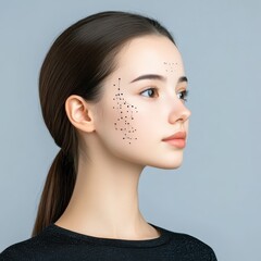 Naklejka premium Young Woman Profile Portrait Freckles, Dark Hair, Gray Background