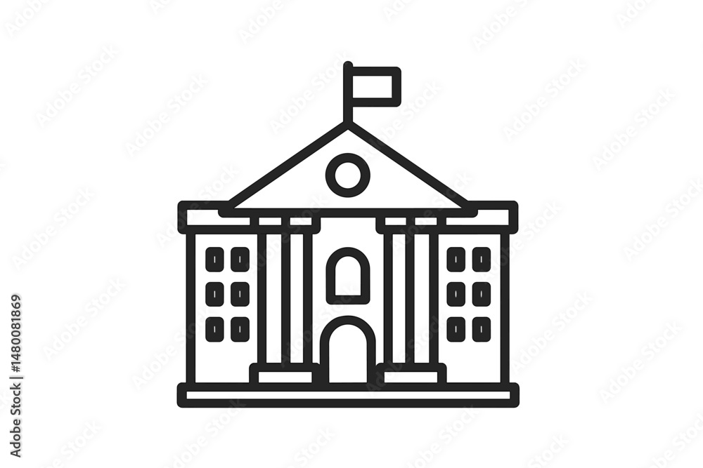 Poster building design showcasing a classical style structure with columns and flag in a simple line art fo