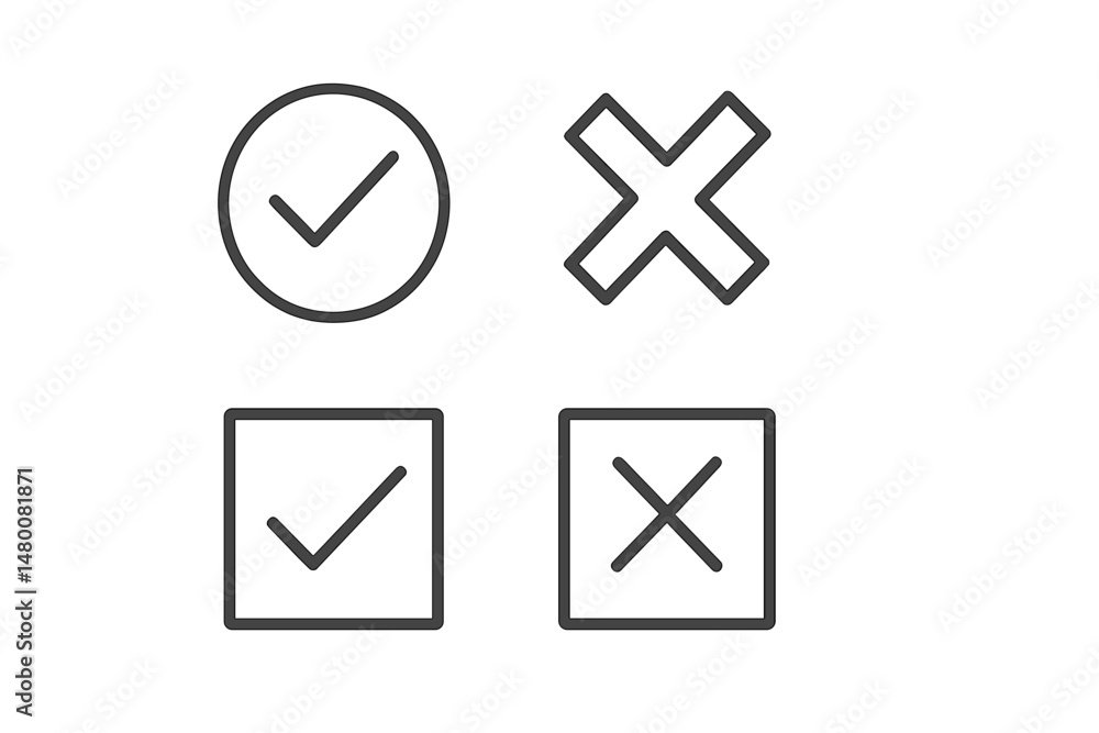 Poster check mark and cross symbols in various styles on a light background indicating approval and disappr