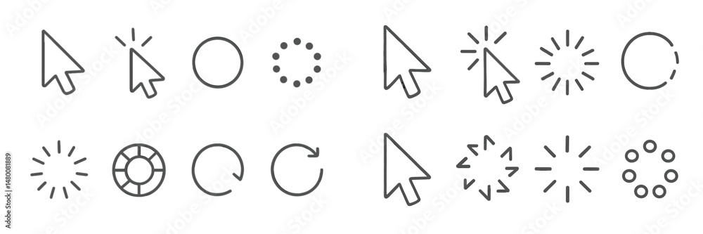 Poster icons representing various loading animations and cursor styles for digital interfaces at an abstrac