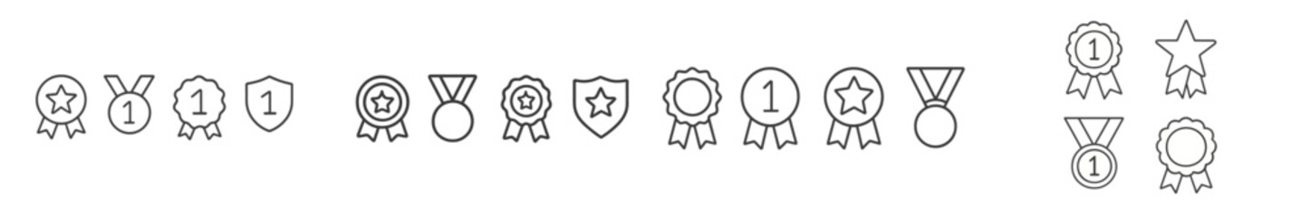 Fototapeta premium Various award icons including medals, shields, and star badges representing achievements and recognition in competitions