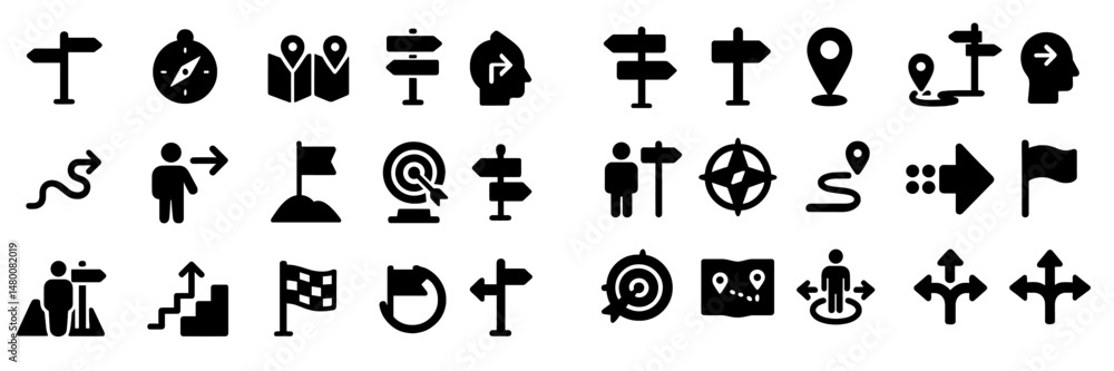 Poster collection of navigation and map icons illustrating various directional and locational symbols for g