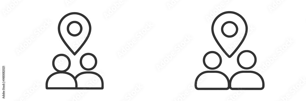 Poster line art depicting two groups of people with location markers illustrating social connection and nav