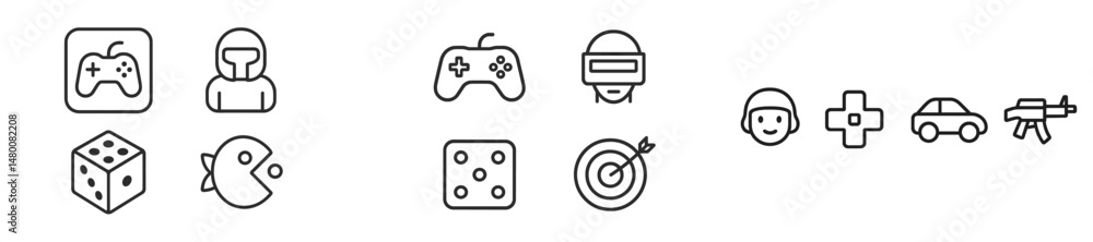 Poster gaming icons depicting various video game elements and genres in a minimalistic style