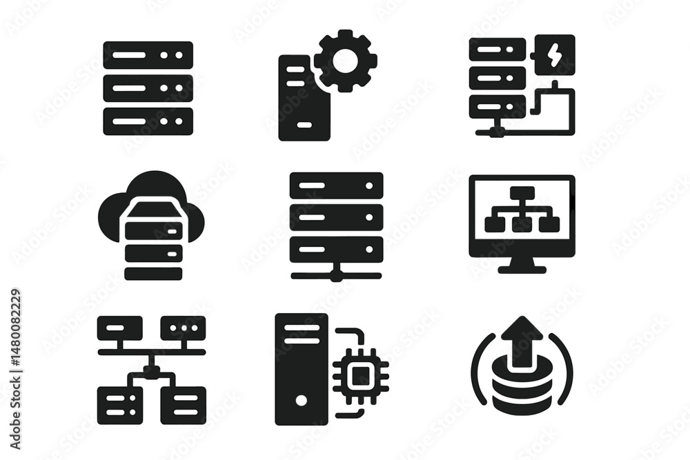 Aufkleber icons representing various aspects of technology, data management, and networking in a digital envir