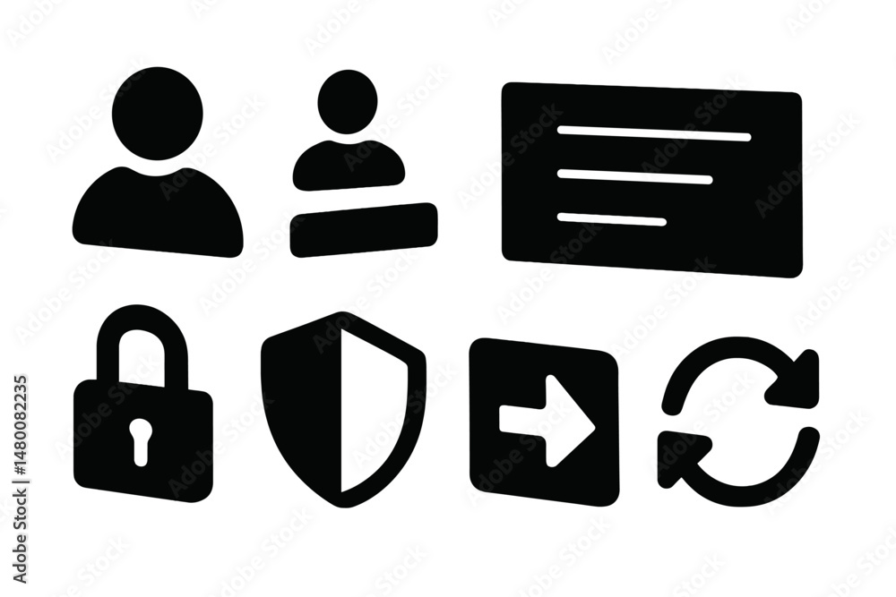Poster various icons representing security, user interaction, and data management in a digital environment